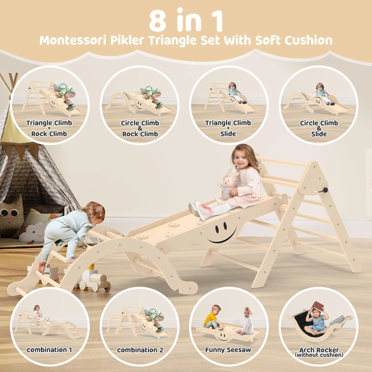 BIERUM 8 in 1 Montessori Pikler Triangle Set with Seesaw Design, Foldable Toddler Climbing Toys with Ramp for Sliding or Climbing, Wooden Jungle Gym, Indoor Playground for Toddlers and Kids, Natural