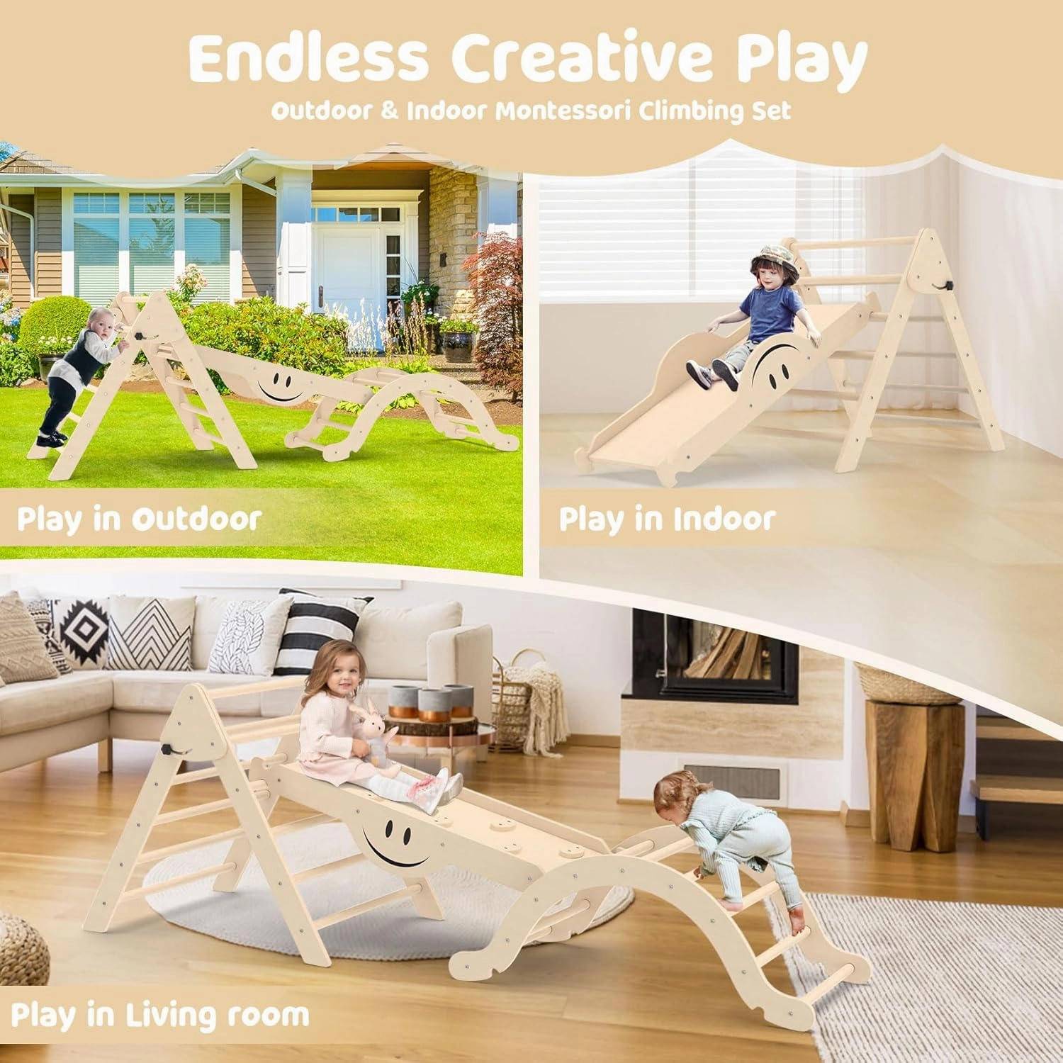 BIERUM 8 in 1 Montessori Pikler Triangle Set with Seesaw Design, Foldable Toddler Climbing Toys with Ramp for Sliding or Climbing, Wooden Jungle Gym, Indoor Playground for Toddlers and Kids, Natural
