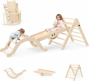 BIERUM 8 in 1 Montessori Pikler Triangle Set with Seesaw Design, Foldable Toddler Climbing Toys with Ramp for Sliding or Climbing, Wooden Jungle Gym, Indoor Playground for Toddlers and Kids, Natural