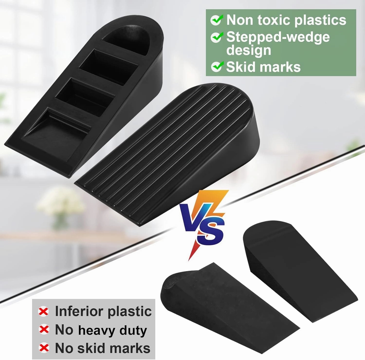 Big Door Stopper 2 Packs Heavy Duty Wedge Rubber Door Stop Works on All Floor Surfaces Height up to 1.9 Inches Non-Scratching Doorstops Special for Home Office School Heavy Door (Black)