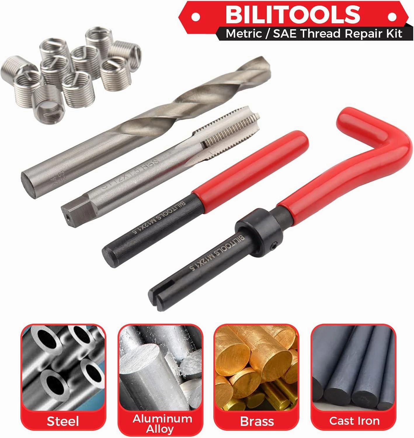 BILITOOLS M6x1.0 Thread Repair Kit, HSS Drill Helicoil Repair Kit Metric