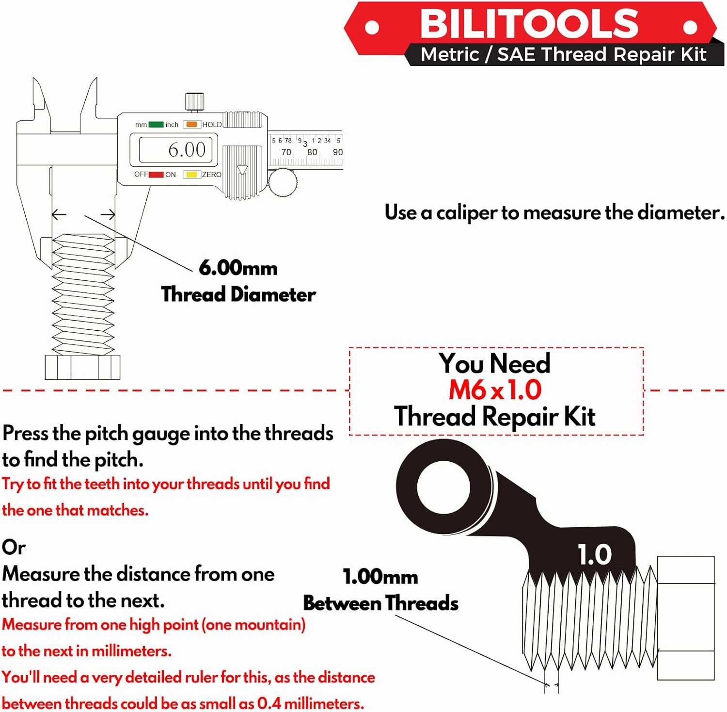 BILITOOLS M6x1.0 Thread Repair Kit, HSS Drill Helicoil Repair Kit Metric