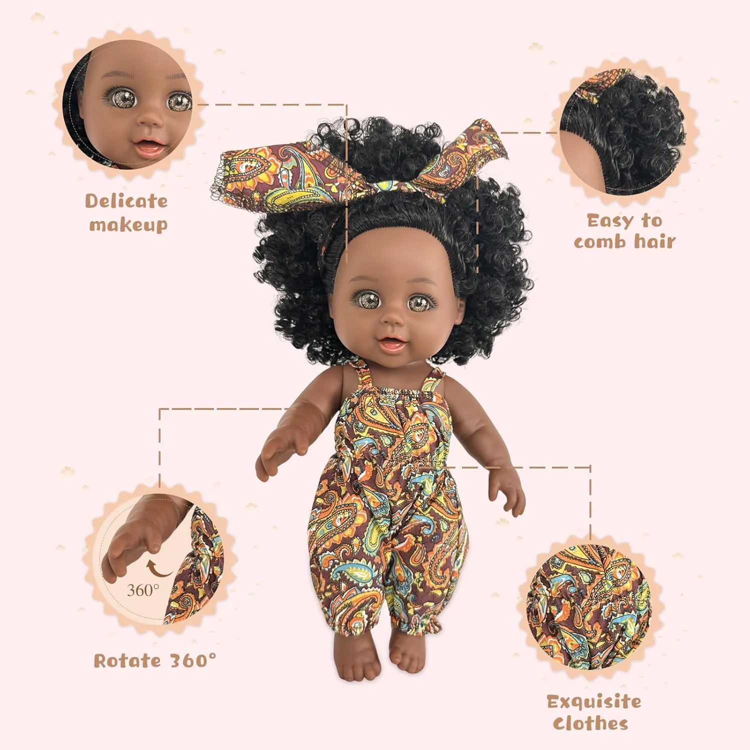Black Baby Doll in Take Along Backpack Carrier, 10in American African Girl Doll for Toddlers and Kids Aged 1-3 2 4 5 Year Old, Backpack for Baby Doll Accessories Storage