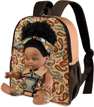 Black Baby Doll in Take Along Backpack Carrier, 10in American African Girl Doll for Toddlers and Kids Aged 1-3 2 4 5 Year Old, Backpack for Baby Doll Accessories Storage