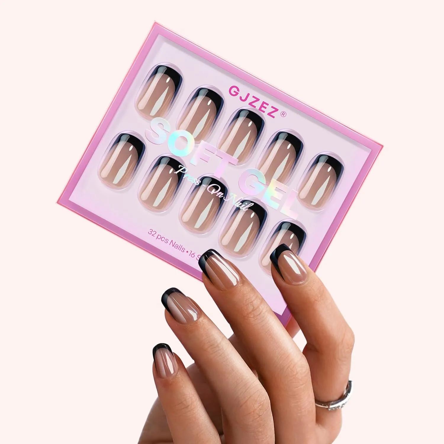 Black Tip Press On Nails Glazed - GJZEZ Soft Gel Licorice French Nails, Short Square Pearlescent Glossy Fake Nails, Chrome Aurora Shimmery Nail Press Ons | 16 Sizes - 32pcs Reusable Nails, Chic Black