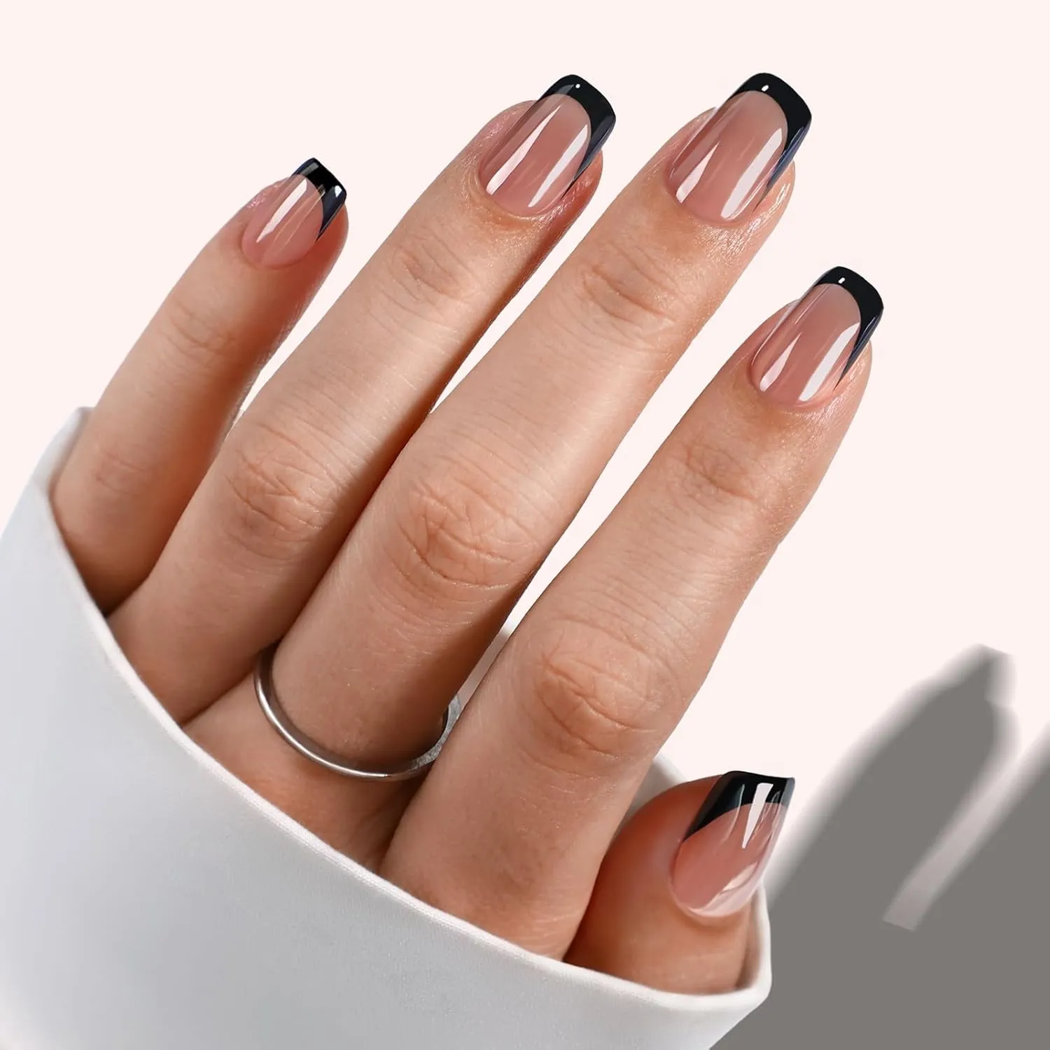 Black Tip Press On Nails Glazed - GJZEZ Soft Gel Licorice French Nails, Short Square Pearlescent Glossy Fake Nails, Chrome Aurora Shimmery Nail Press Ons | 16 Sizes - 32pcs Reusable Nails, Chic Black