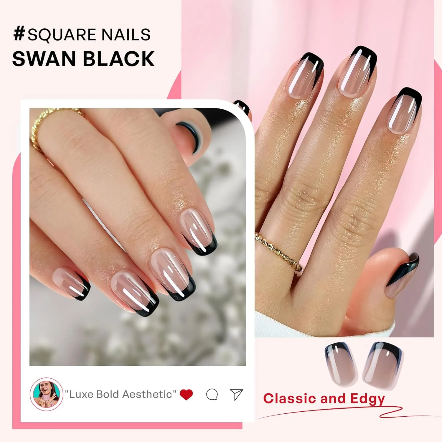 Black Tip Press On Nails Glazed - GJZEZ Soft Gel Licorice French Nails, Short Square Pearlescent Glossy Fake Nails, Chrome Aurora Shimmery Nail Press Ons | 16 Sizes - 32pcs Reusable Nails, Chic Black