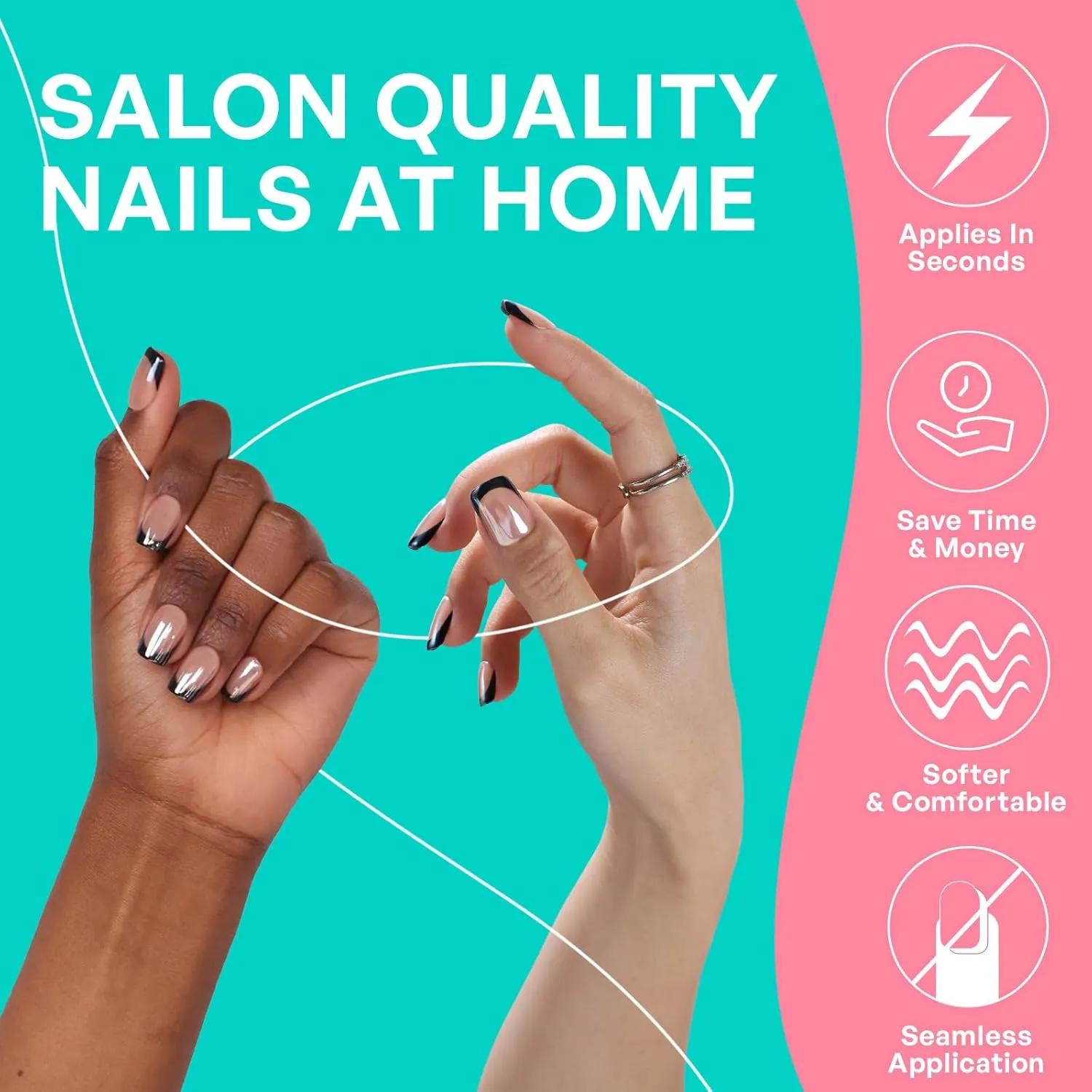 Black Tip Press On Nails Glazed - GJZEZ Soft Gel Licorice French Nails, Short Square Pearlescent Glossy Fake Nails, Chrome Aurora Shimmery Nail Press Ons | 16 Sizes - 32pcs Reusable Nails, Chic Black