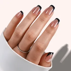 Black Tip Press On Nails Glazed - GJZEZ Soft Gel Licorice French Nails, Short Square Pearlescent Glossy Fake Nails, Chrome Aurora Shimmery Nail Press Ons | 16 Sizes - 32pcs Reusable Nails, Chic Black