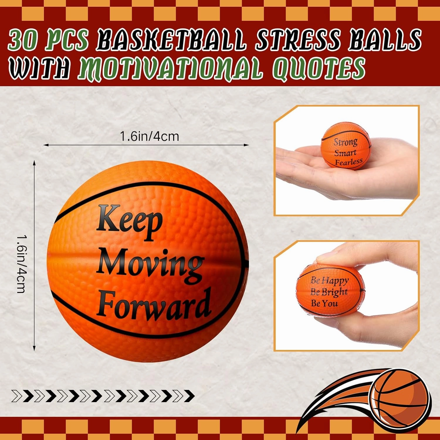 Blulu 30 Pcs Sports Balls for Kids with Motivational Quotes Mini Stress Balls for Kids Adults Bulk Foam Squeeze Toys for Themed Party Favors Decoration Anxiety Relief Relaxation(Basketball Style)