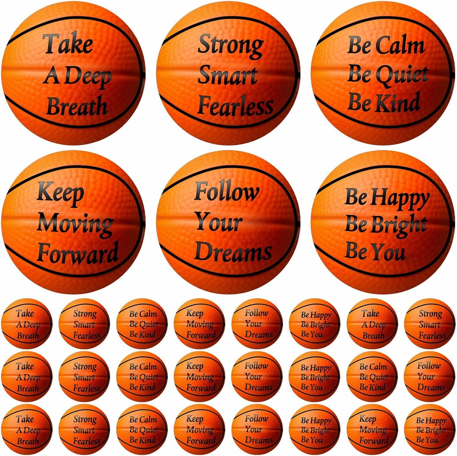 Blulu 30 Pcs Sports Balls for Kids with Motivational Quotes Mini Stress Balls for Kids Adults Bulk Foam Squeeze Toys for Themed Party Favors Decoration Anxiety Relief Relaxation(Basketball Style)