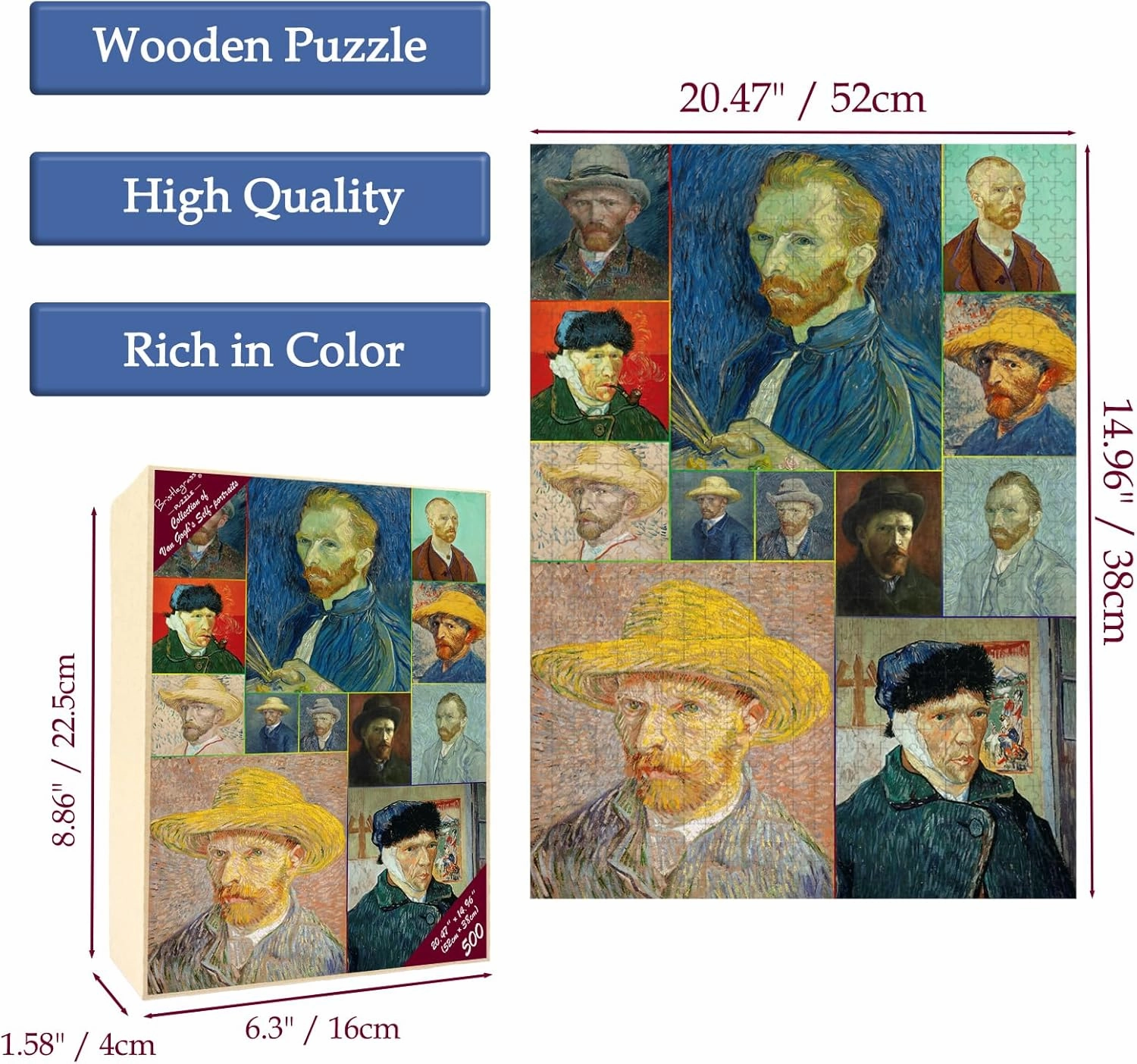 Bristlegrass Wooden Jigsaw Puzzles 500 Piece Puzzles for Adults -Van Gogh-Collection of self-Portraits-European Style Classical Oil Toy Gifts Art Painting Puzzles (500pc Collection of self-Portraits)