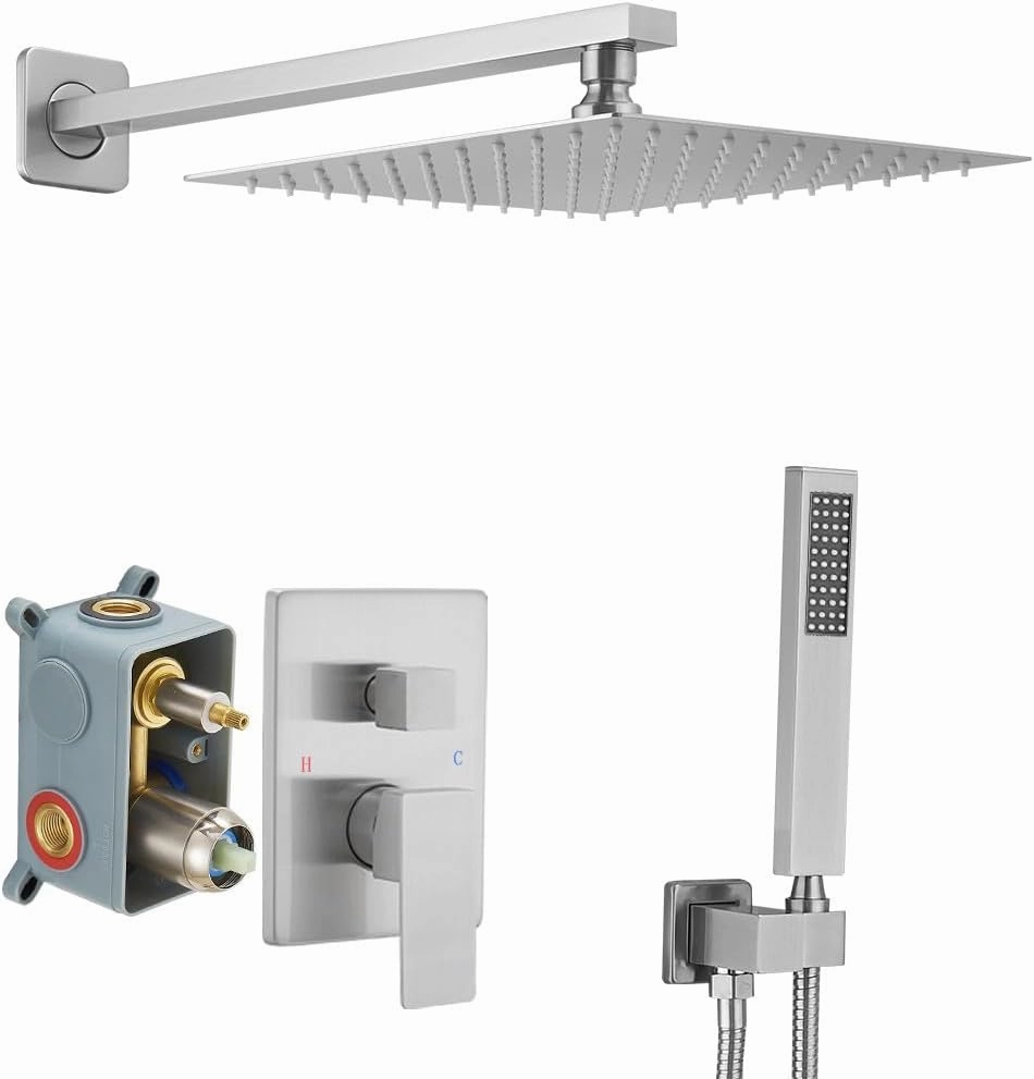 Brushed Nickel Shower System 10 Inch Bathroom Luxury Rain Mixer Shower Combo Set Wall Mounted Rainfall Shower Head and Handheld System Shower Faucet Rough-in Valve Body and Trim Included