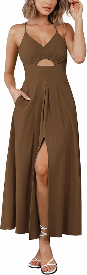 BTFBM Women 2025 Summer Spaghetti Strap Midi Dress Sleeveless V Neck Cutout Slit Casual Beach Party Maxi Dresses Pockets