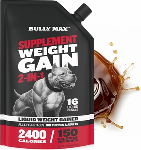 Bully Max 2-in-1 High Calorie Weight Gainer for Puppy & Adult Dogs - Multivitamin Liquid Dog Vitamins & Supplements for Weight Gain with Omega Fish Oil & Whey Protein for Small & Large Breeds - 16 oz