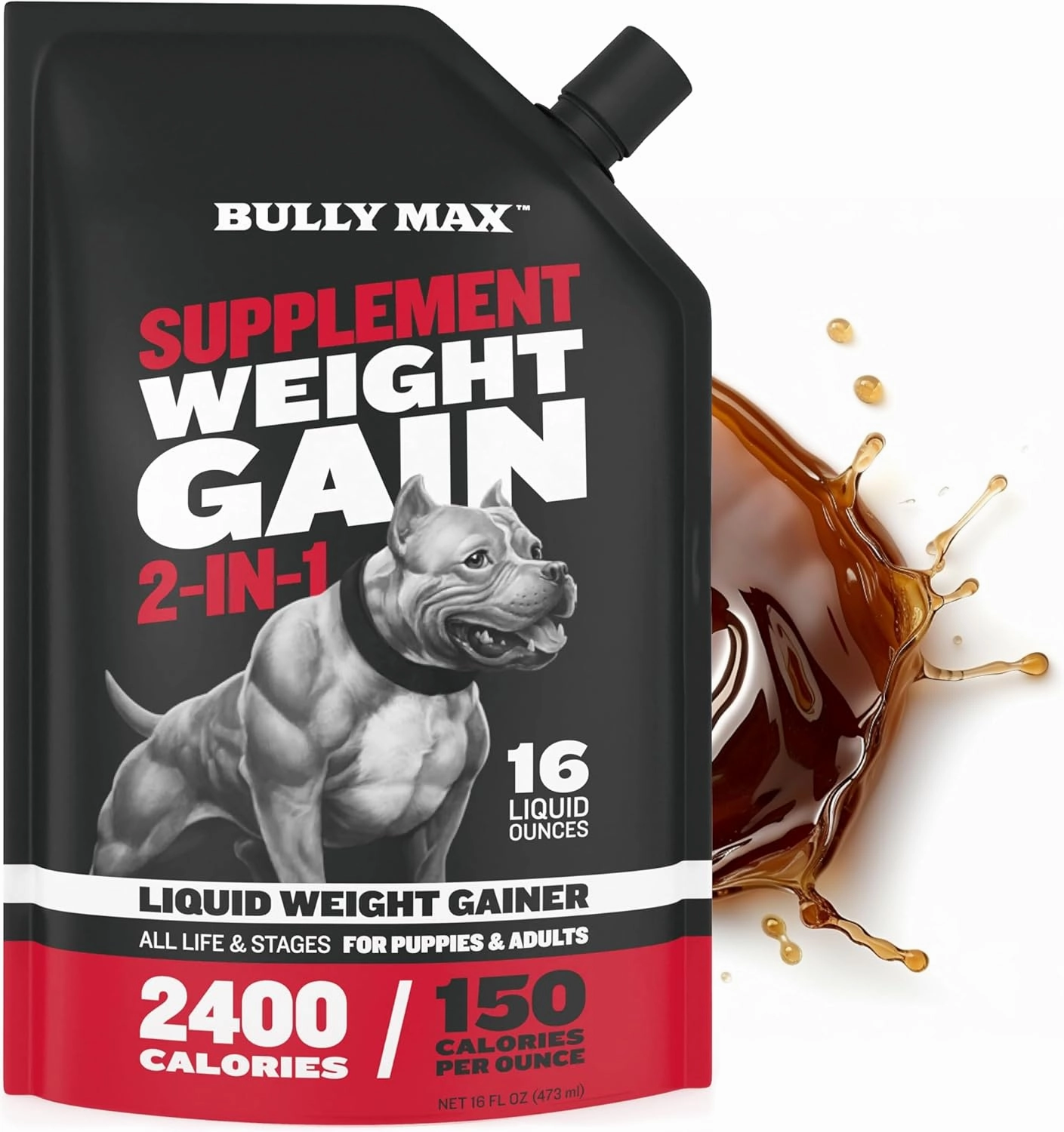 Bully Max 2-in-1 High Calorie Weight Gainer for Puppy & Adult Dogs - Multivitamin Liquid Dog Vitamins & Supplements for Weight Gain with Omega Fish Oil & Whey Protein for Small & Large Breeds - 16 oz