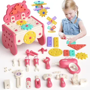 burgkidz Kids Tool Set, 66 PCS Pink Kids Tool Box for Girls, Electronic Toy Drill Pretend Play Girls Toys Construction Tools Kit Bench, Valentine's Birthday Gift Ideas Toddler Tool Set Age 3 4 5 