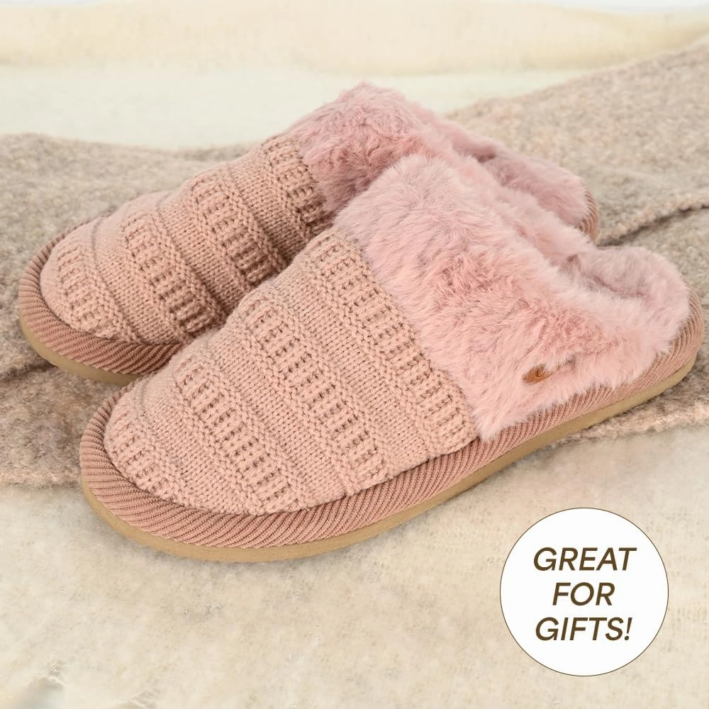 C.C Pattern Knitted Slip-On Slippers With Faux Fur Lining Indoor-Outdoor House For Women