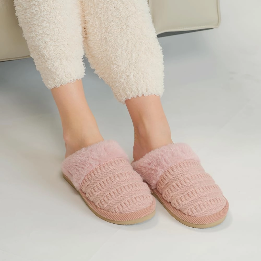 C.C Pattern Knitted Slip-On Slippers With Faux Fur Lining Indoor-Outdoor House For Women