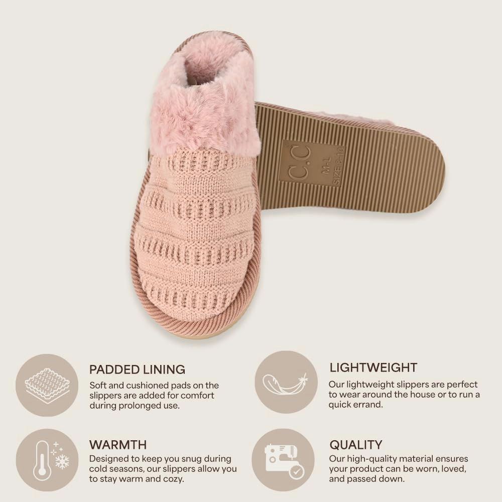 C.C Pattern Knitted Slip-On Slippers With Faux Fur Lining Indoor-Outdoor House For Women