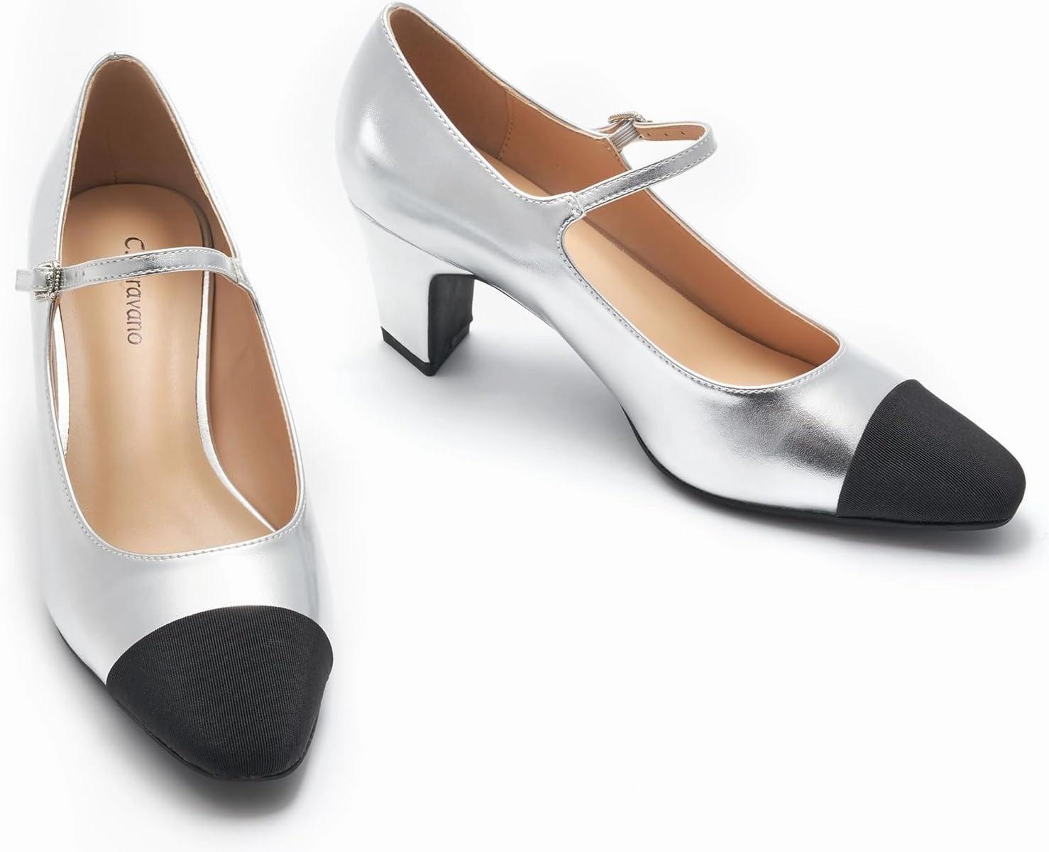 C.Paravano Women 's Pumps Mary Jane Heels Closed Round Toe Low Chunky Heels Adjustable Strap Fashion Dress Shoes