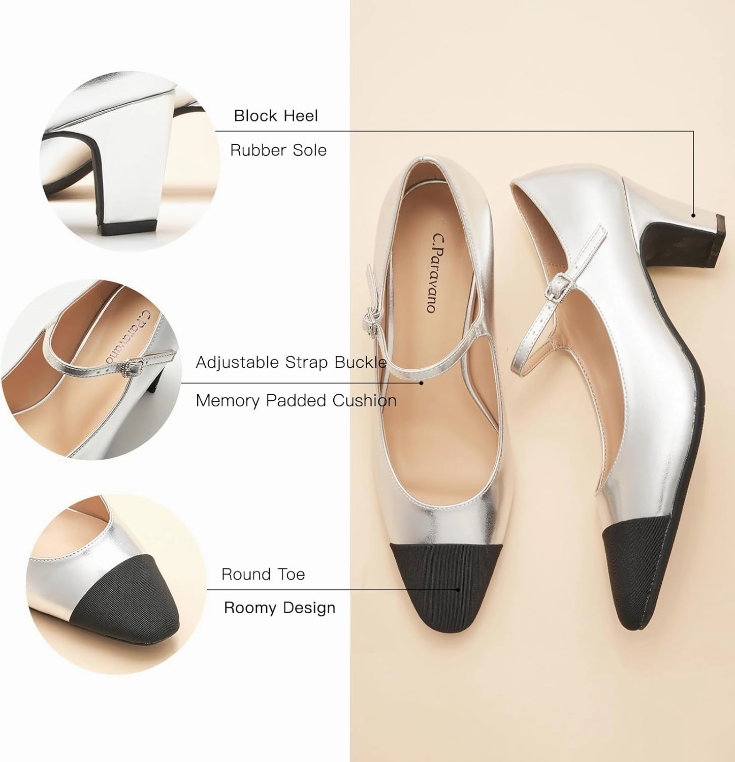 C.Paravano Women 's Pumps Mary Jane Heels Closed Round Toe Low Chunky Heels Adjustable Strap Fashion Dress Shoes