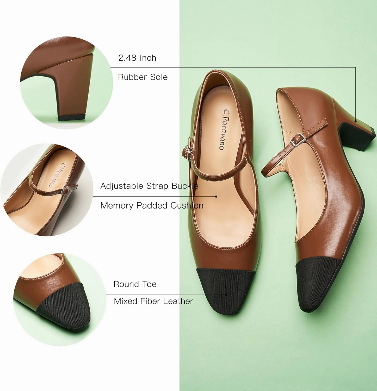 C.Paravano Women's Pumps Mary Jane Pumps Closed Round Toe Low Heels Adjustable Strap Fashion Dress Shoes
