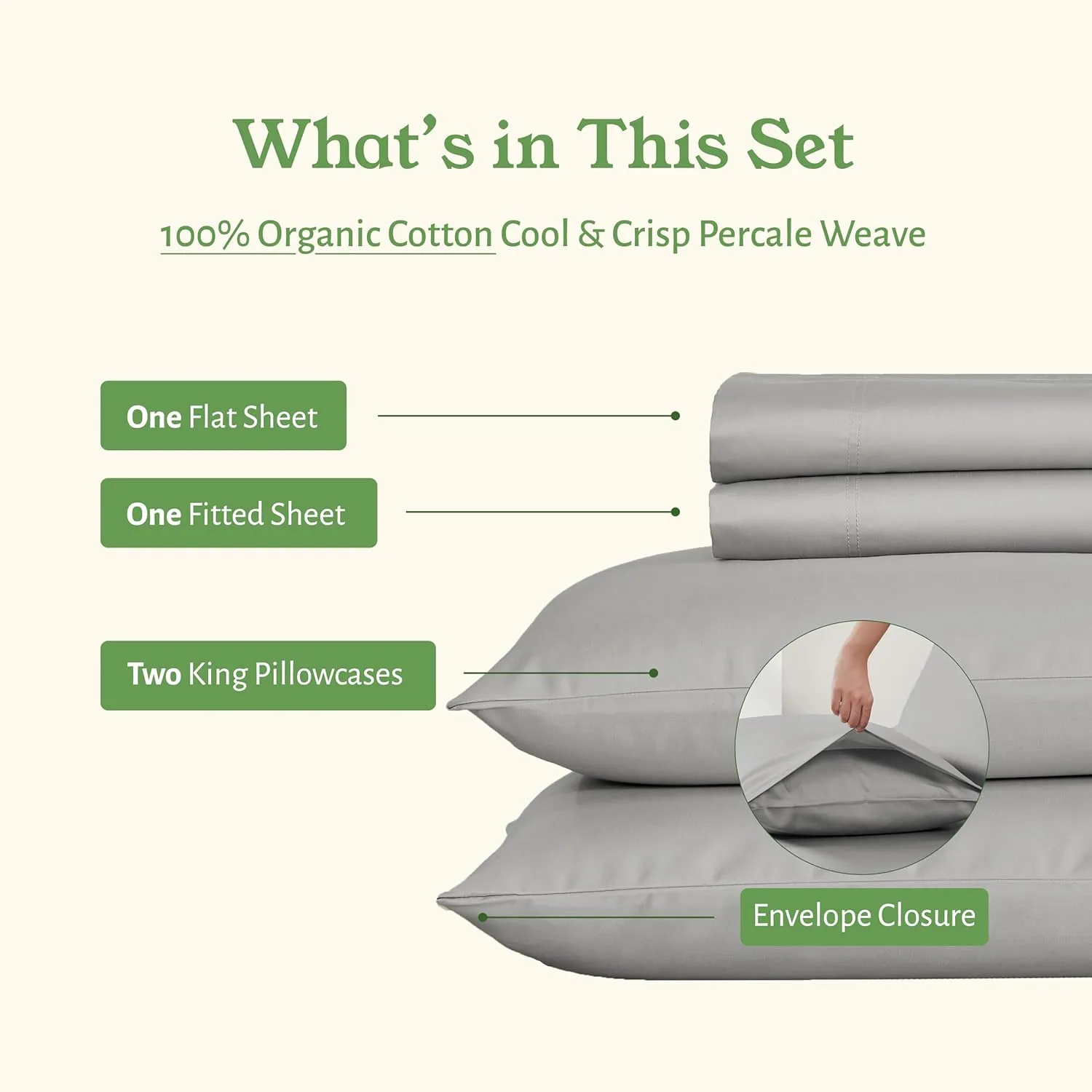 California Design Den King Size Sheets Set - Soft 100% Organic Cotton, Crisp Percale Sheets with Deep Pockets, Breathable and Durable Bedding Set - Light Grey