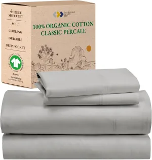 California Design Den King Size Sheets Set - Soft 100% Organic Cotton, Crisp Percale Sheets with Deep Pockets, Breathable and Durable Bedding Set - Light Grey