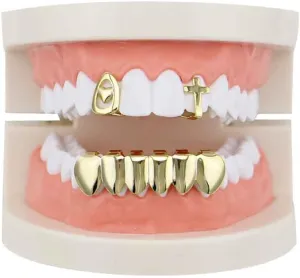 canjoyn 2 Single Heart Cross Shape Top Grillz Teeth and 6 Bottom Set Hip Hop Grillz Vampire Fangs Grillz Cosplay Accessory