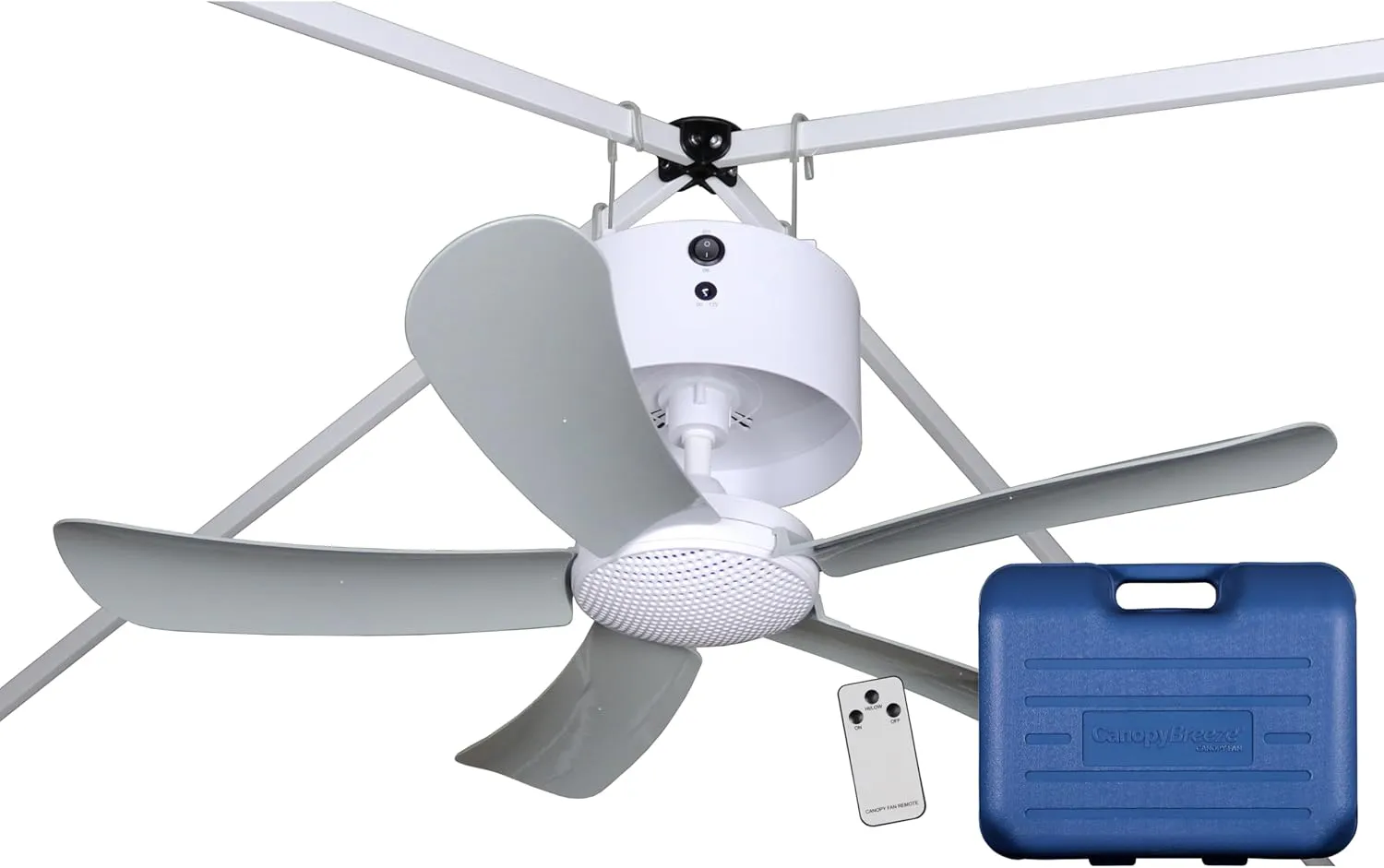 Canopy Fan Portable, Rechargeable Ceiling Fan for Canopies, Gazebos, Pergolas   more! 6-Hour Run Time, 31” Diameter Blades, Easy Install w/out Tools, Remote Control, Travel Case included