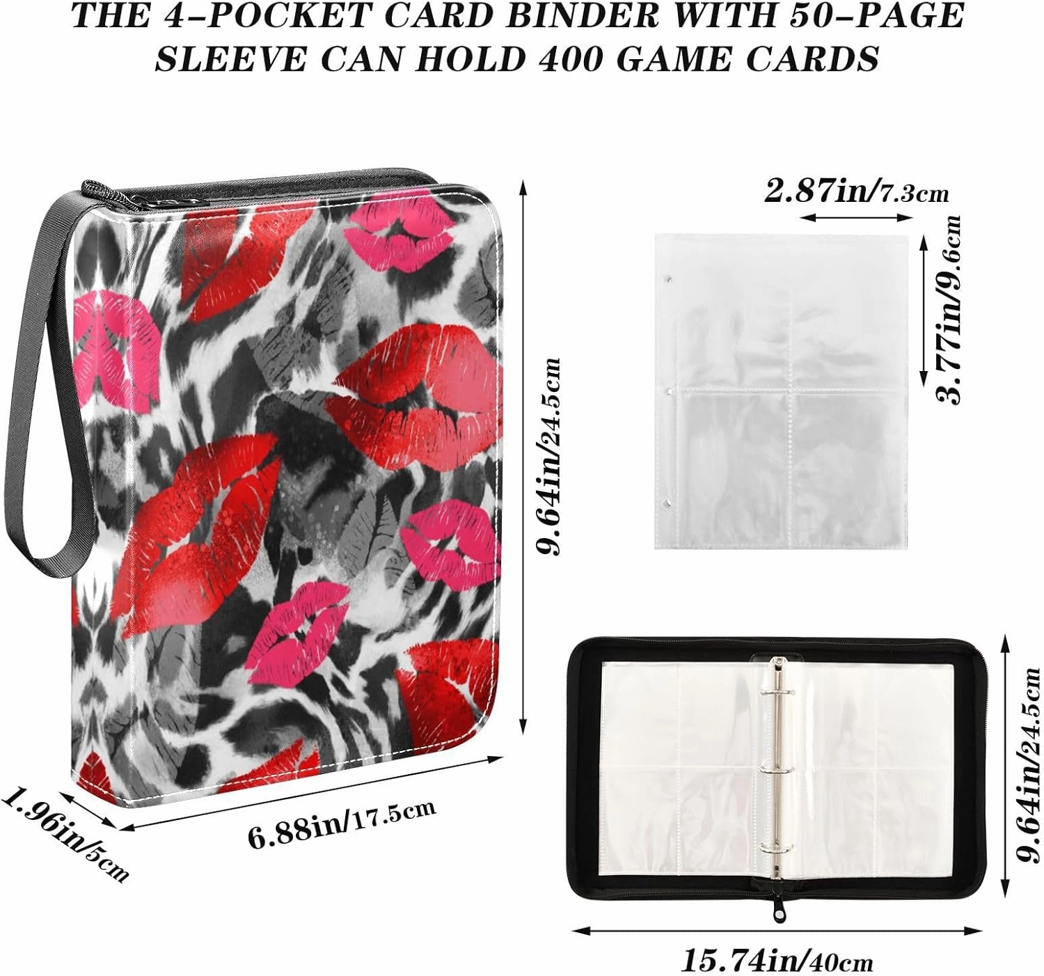 Card Binder 400 Pockets Trading Card Binder Holder with 50 Removable Sleeves,Card Binder Album with Zipper Portable Card Folder for Baseball Football Games Sports Cards,Watercolor Paint Lips