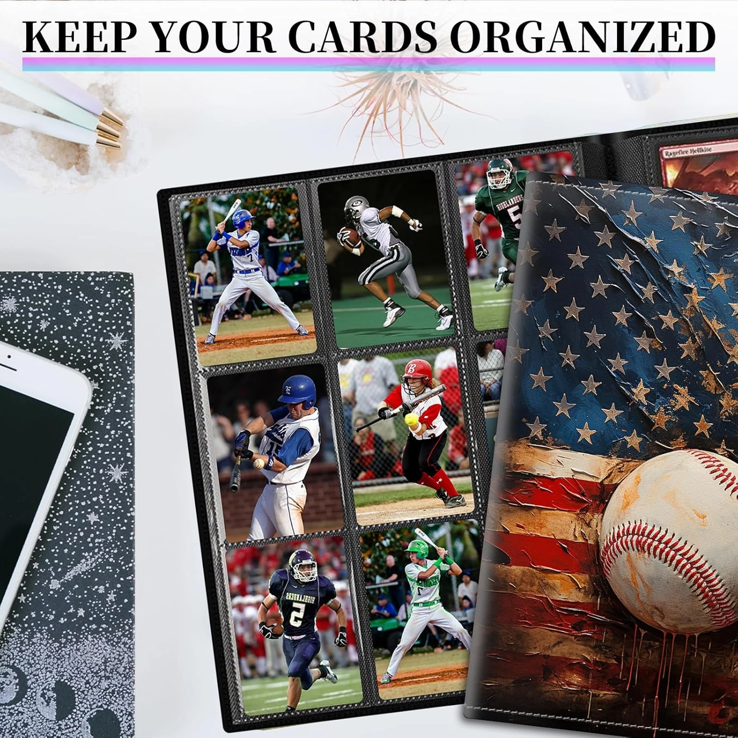 Card Binder, 9 Pocket Fits 900 Cards Binder Sleeves for Trading Cards Football Baseball Card Collection Album, Protectors TCG Sports Cards Storage Organizer, Oil Painting Baseball Flag