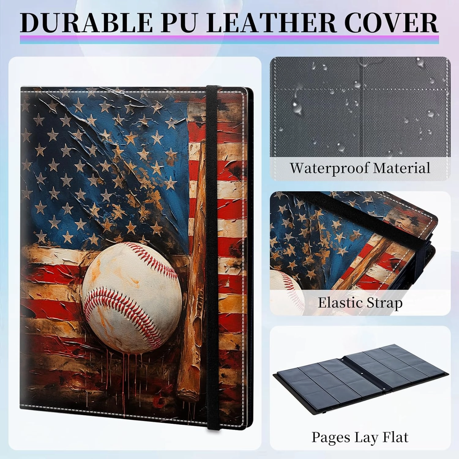 Card Binder, 9 Pocket Fits 900 Cards Binder Sleeves for Trading Cards Football Baseball Card Collection Album, Protectors TCG Sports Cards Storage Organizer, Oil Painting Baseball Flag