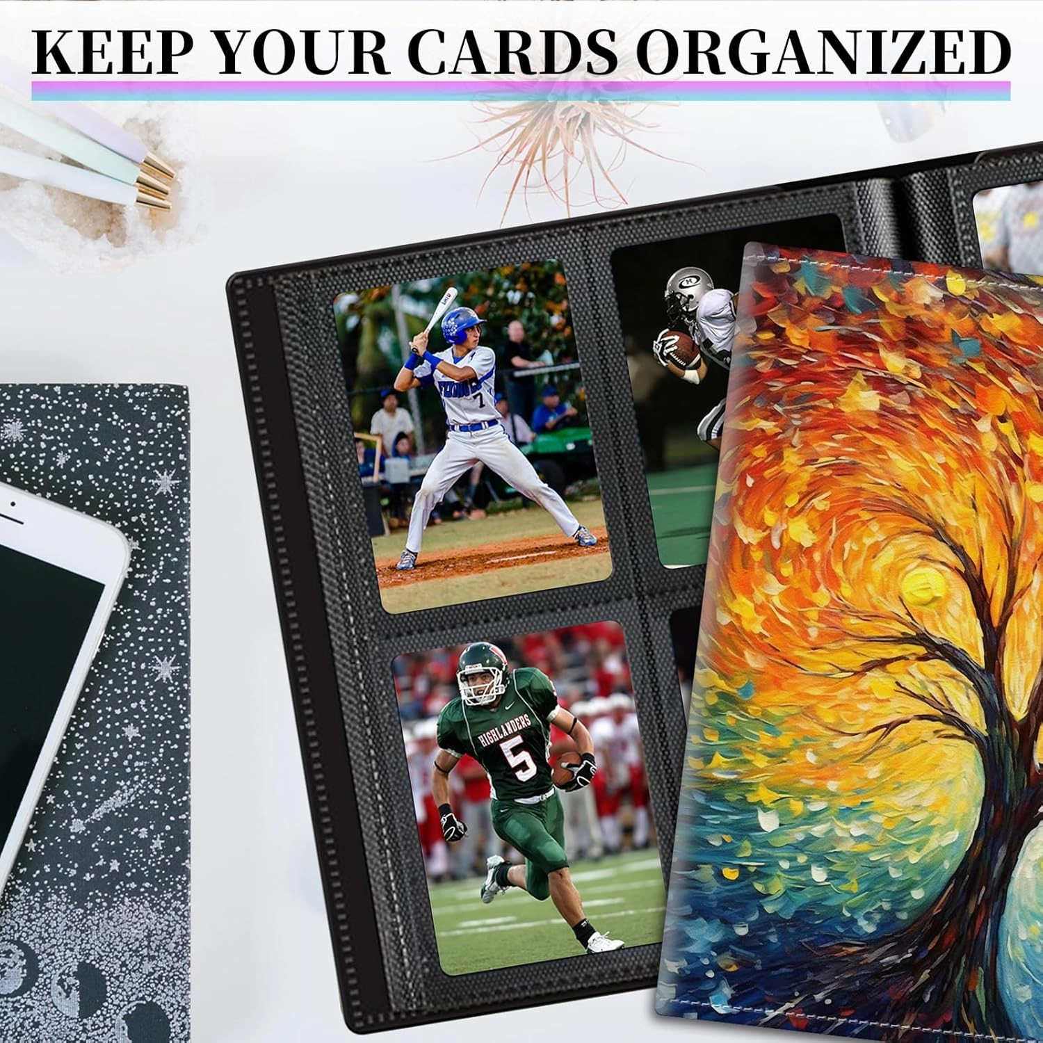Card Binder Fits 400 Cards, Game Card Collection Binder Trading Card Holder Album, 50 Double Sided Sleeves Card Storage Folder for Soccer Card TCG Sports Card, Life Tree Colorful
