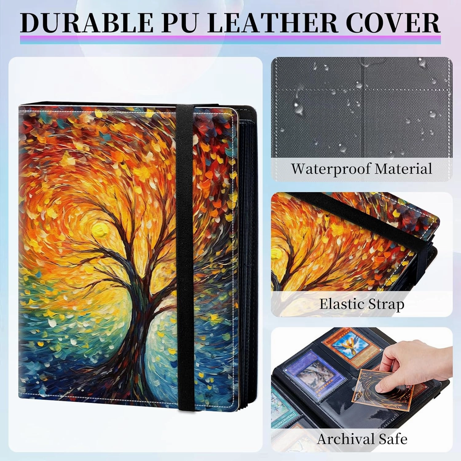 Card Binder Fits 400 Cards, Game Card Collection Binder Trading Card Holder Album, 50 Double Sided Sleeves Card Storage Folder for Soccer Card TCG Sports Card, Life Tree Colorful