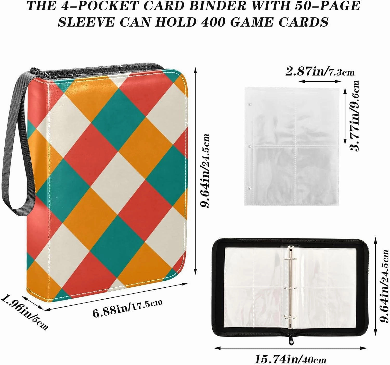 Card Binder Trading Card Binder 4 Pocket Waterproof PU Leather Card Collection Binder,for 400 Cards Basketball Football Soccer Baseball Sports Photo Album Card Organizer Colorful Plaid Pattern