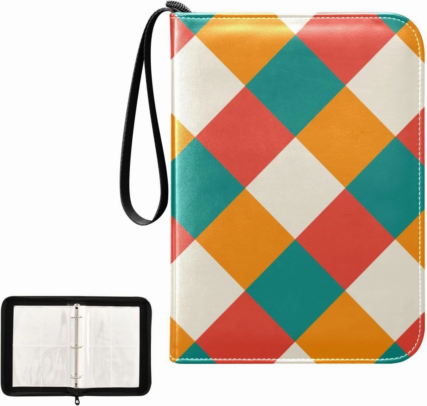 Card Binder Trading Card Binder 4 Pocket Waterproof PU Leather Card Collection Binder,for 400 Cards Basketball Football Soccer Baseball Sports Photo Album Card Organizer Colorful Plaid Pattern