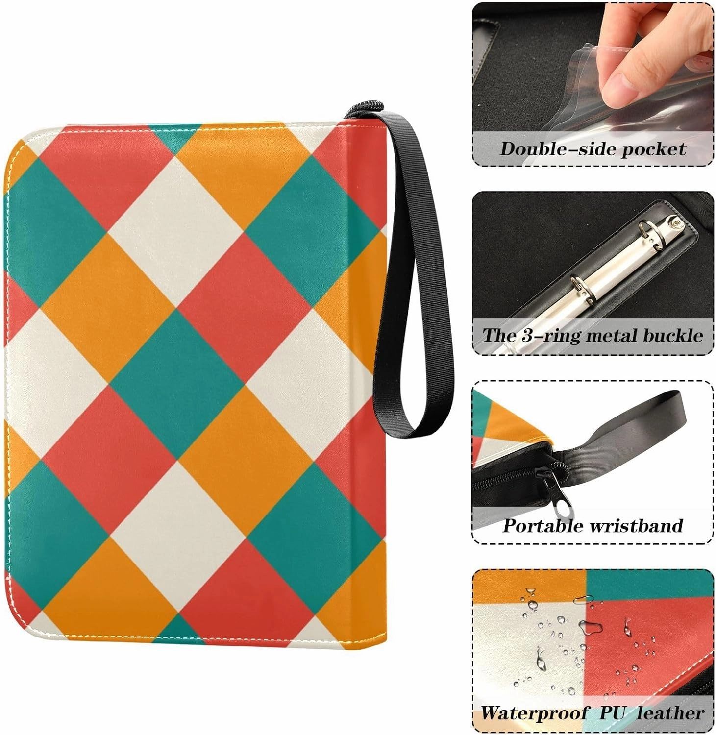 Card Binder Trading Card Binder 4 Pocket Waterproof PU Leather Card Collection Binder,for 400 Cards Basketball Football Soccer Baseball Sports Photo Album Card Organizer Colorful Plaid Pattern