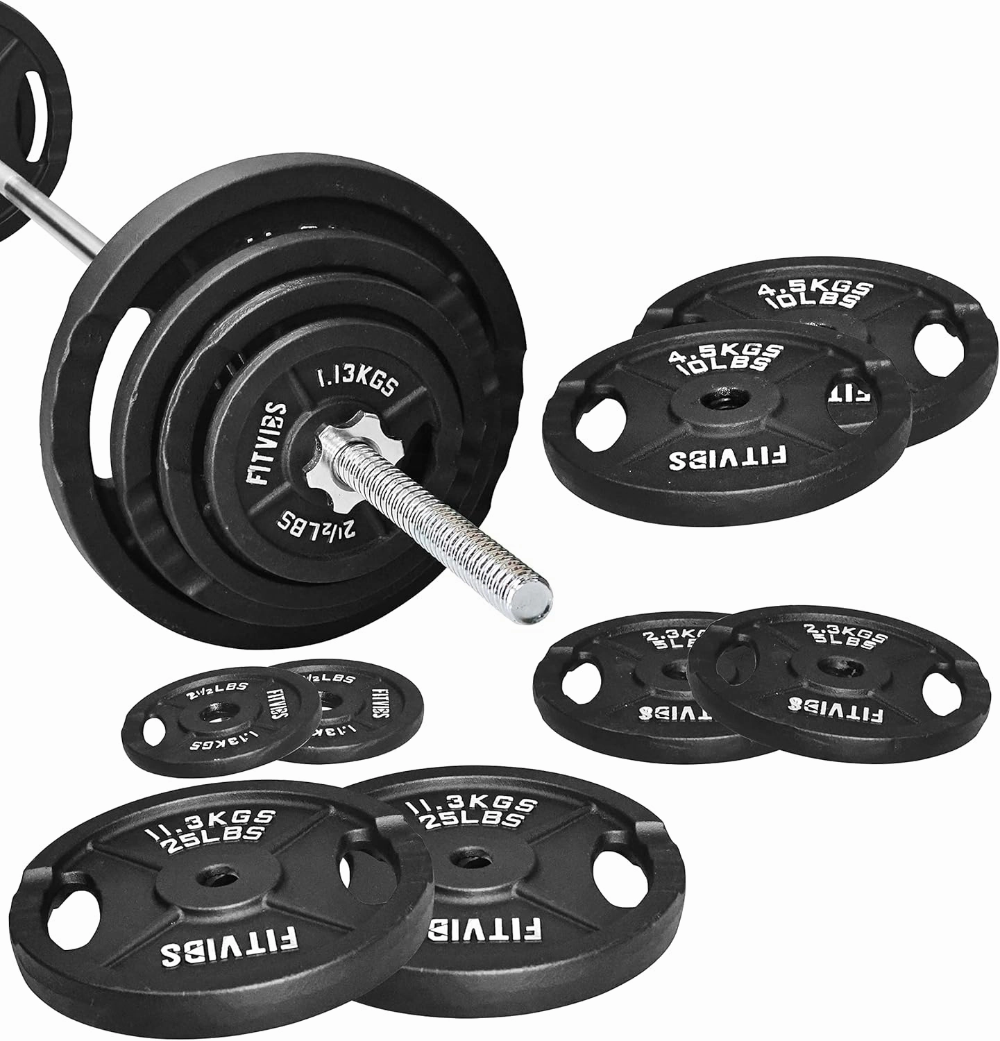 Cast Iron Standard Weight Plates Including 5FT Standard Barbell with Star Locks, 95-Pound Set (85 Pounds Plates   10 Pounds Barbell), Multiple Styles