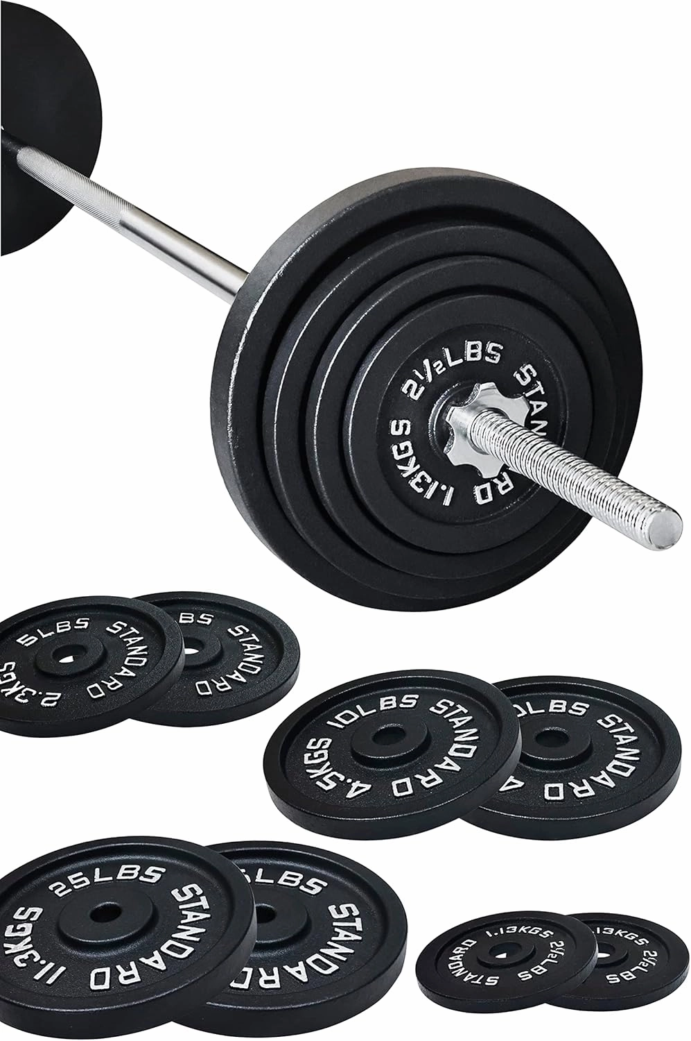 Cast Iron Standard Weight Plates Including 5FT Standard Barbell with Star Locks, 95-Pound Set (85 Pounds Plates   10 Pounds Barbell), Multiple Styles