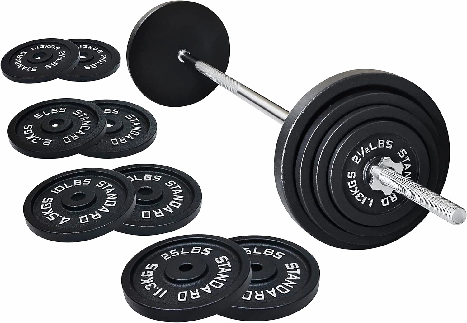 Cast Iron Standard Weight Plates Including 5FT Standard Barbell with Star Locks, 95-Pound Set (85 Pounds Plates   10 Pounds Barbell), Multiple Styles