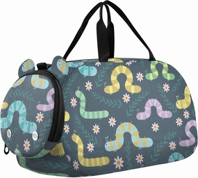 Caterpillar Flowers Grey Sports Duffle Bag for Girls Boys, Gym Bag with Shoe Compartment, Kids Travel Overnight Weekender Shoulder Bag
