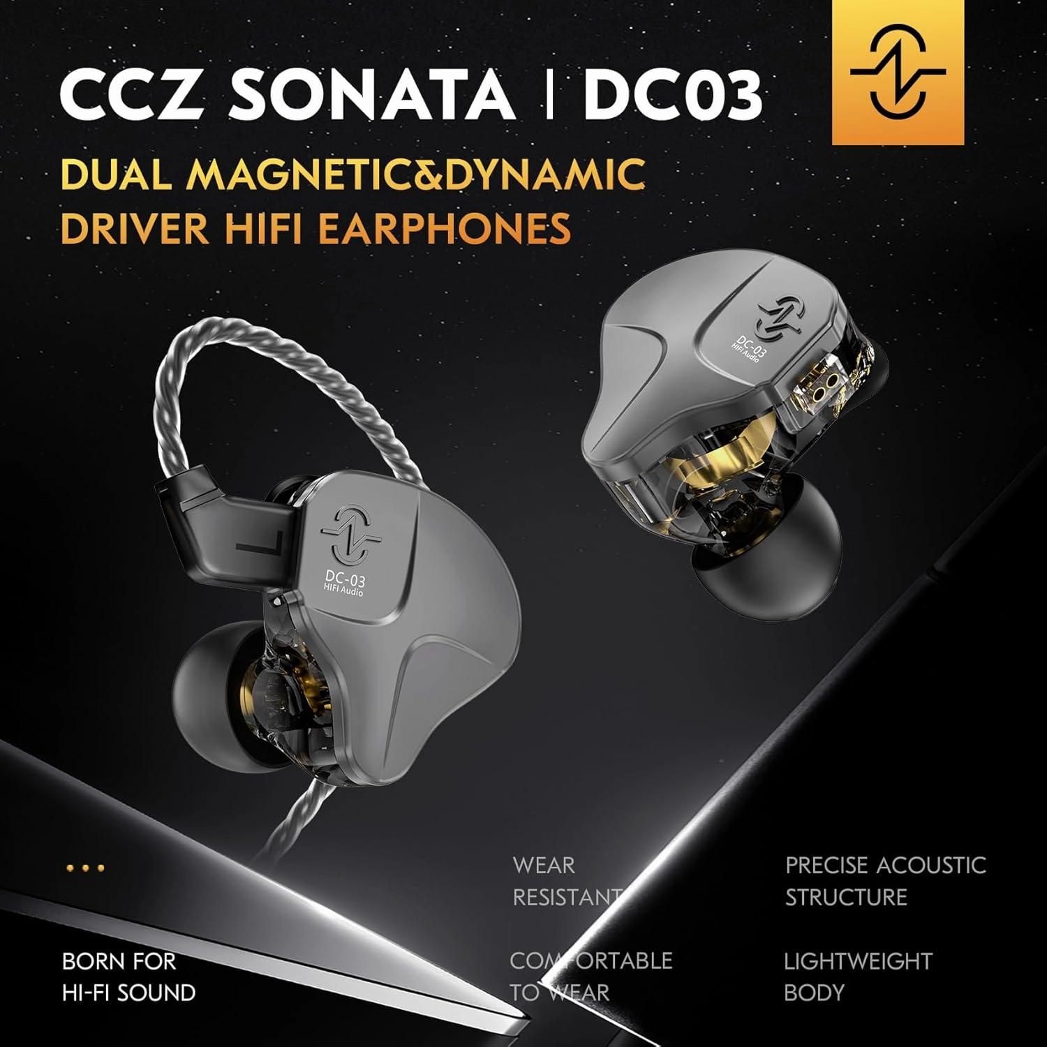 CCZ DC03 in Ear Monitor Headphones, Deep Bass Sound Wired Earbuds IEM Earphones, 1DD HiFi in Ear Headphones Noise Cancelling Ear buds, IEMs for Gaming Musician Singer Stage Calling(Black, without Mic)