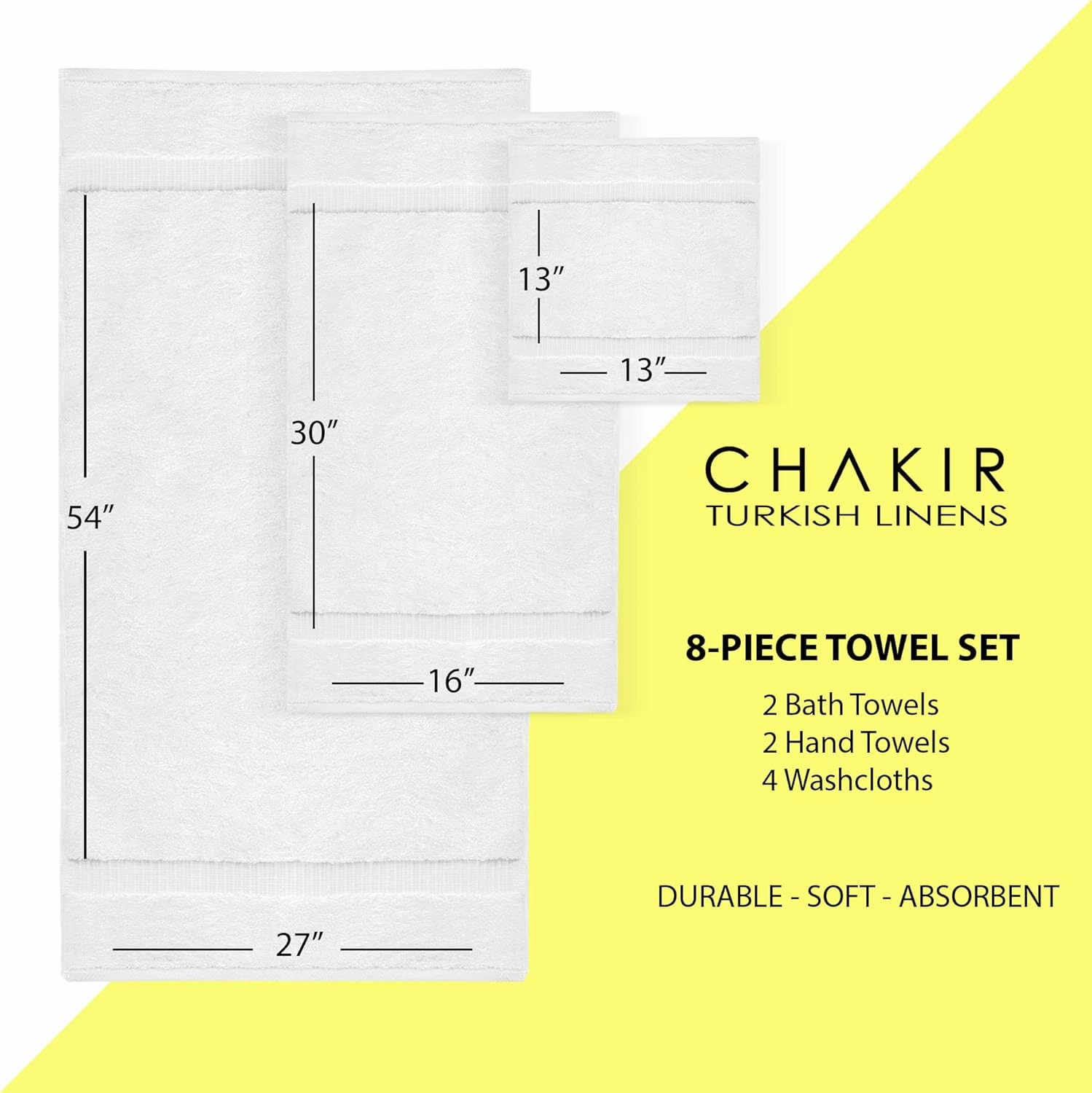 Chakir Turkish Linens Premium Cotton Absorbent Turkish Towels (8-Piece Towel Set, White)