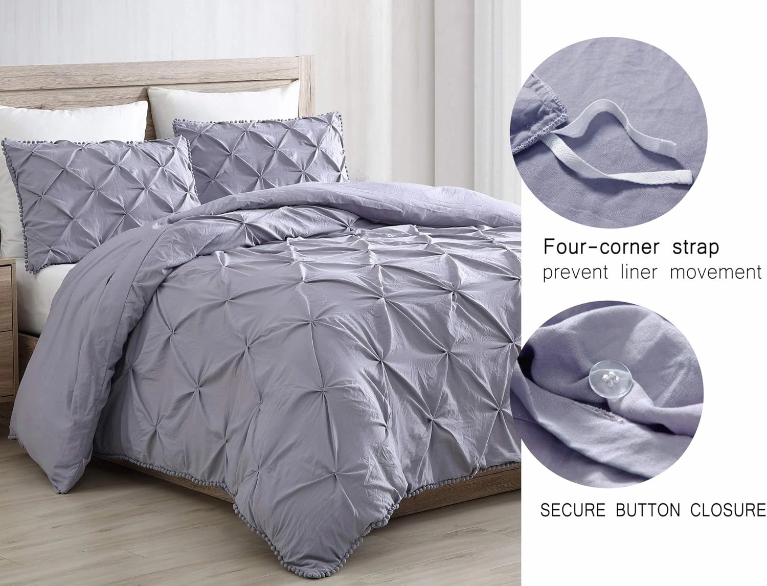 Chezmoi Collection Natalia 3-Piece Pom Poms Fringe Pinch Pleat Duvet Cover Set - Hypoallergenic Soft Washed Microfiber Comforter Cover with Button Closure and Corner Ties - Queen, Purple