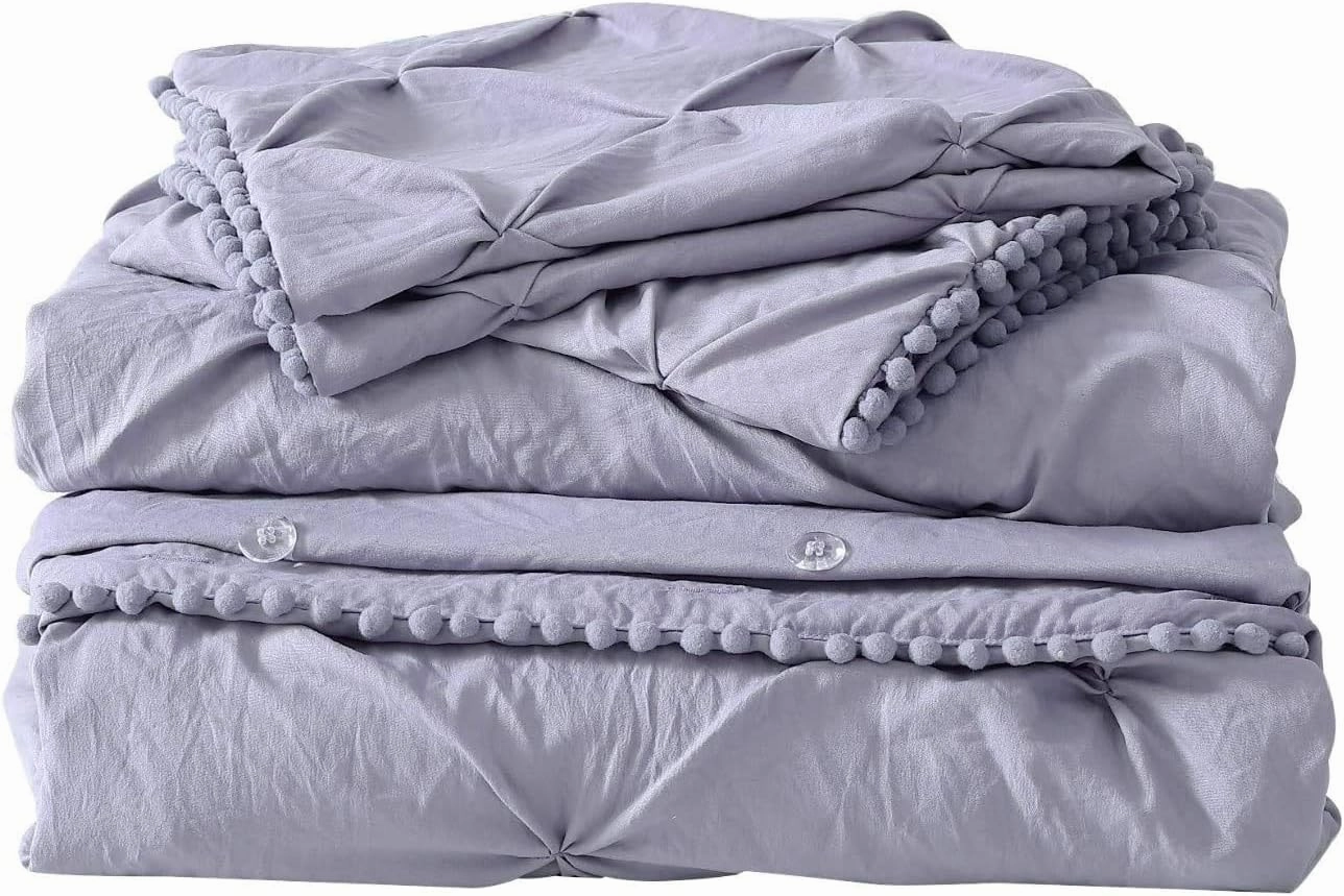 Chezmoi Collection Natalia 3-Piece Pom Poms Fringe Pinch Pleat Duvet Cover Set - Hypoallergenic Soft Washed Microfiber Comforter Cover with Button Closure and Corner Ties - Queen, Purple