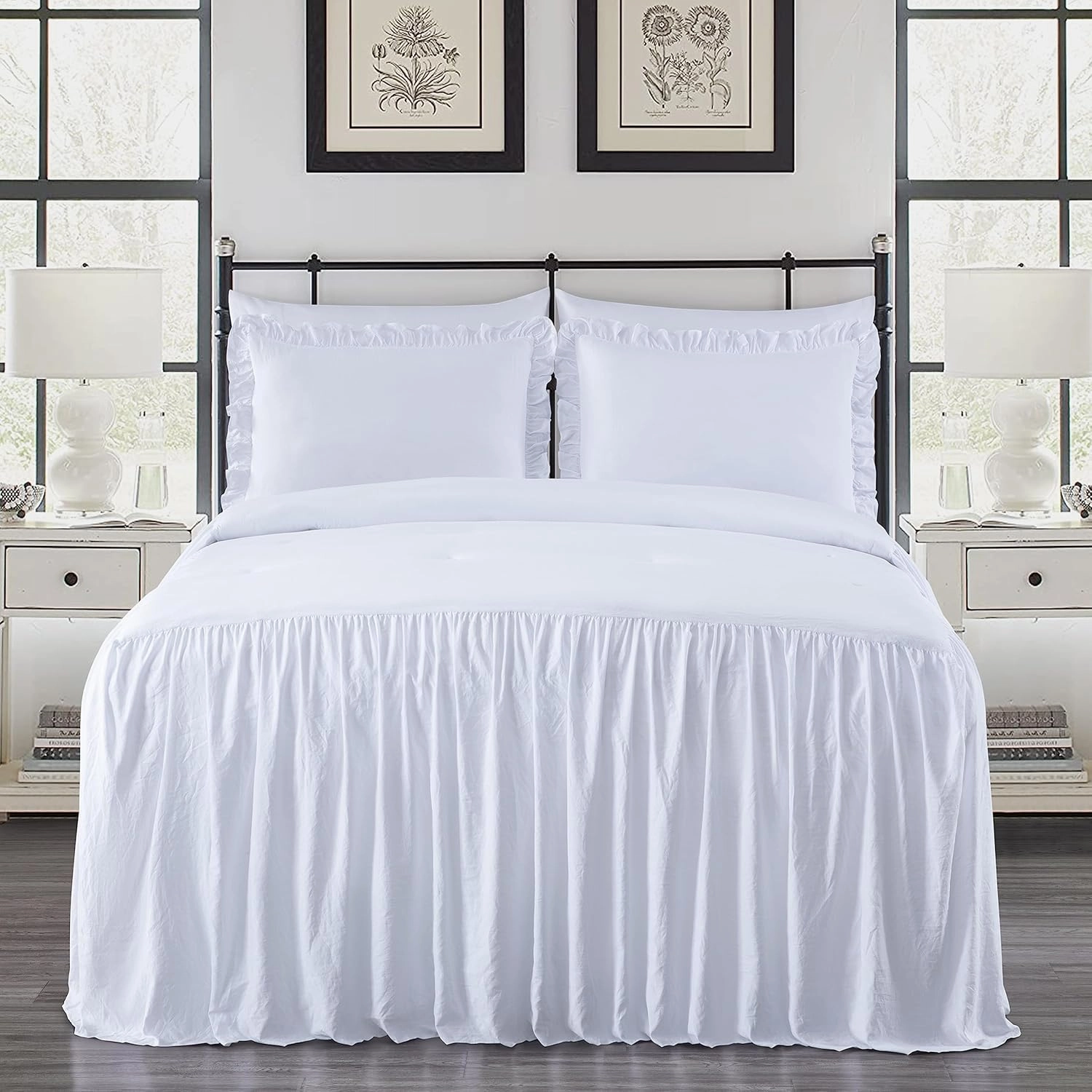 Chezmoi Collection Sinclair 3-Piece Ruffle Skirt Bedspread Set - French Country Chic Farmhouse - Queen, White