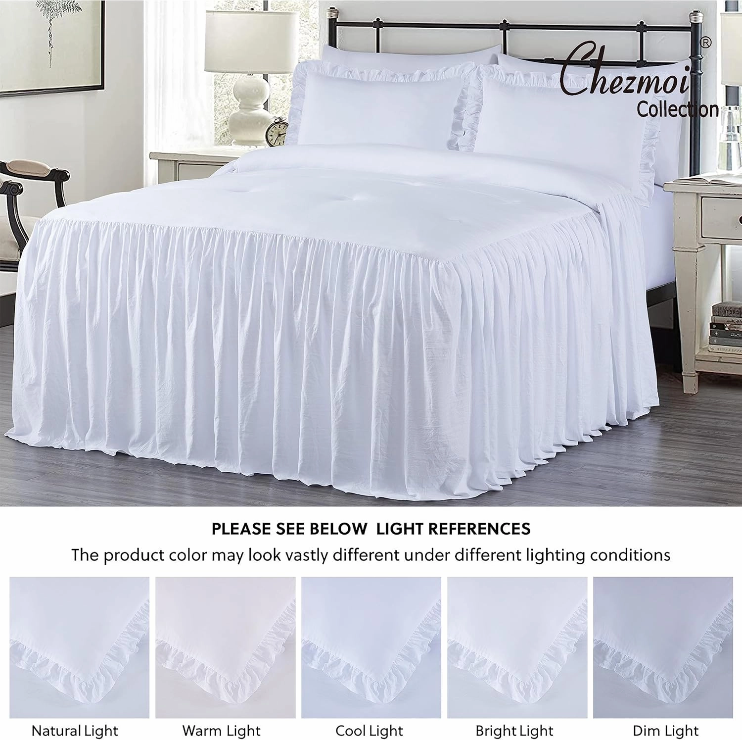 Chezmoi Collection Sinclair 3-Piece Ruffle Skirt Bedspread Set - French Country Chic Farmhouse - Queen, White