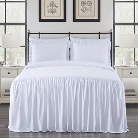 Chezmoi Collection Sinclair 3-Piece Ruffle Skirt Bedspread Set - French Country Chic Farmhouse - Queen, White